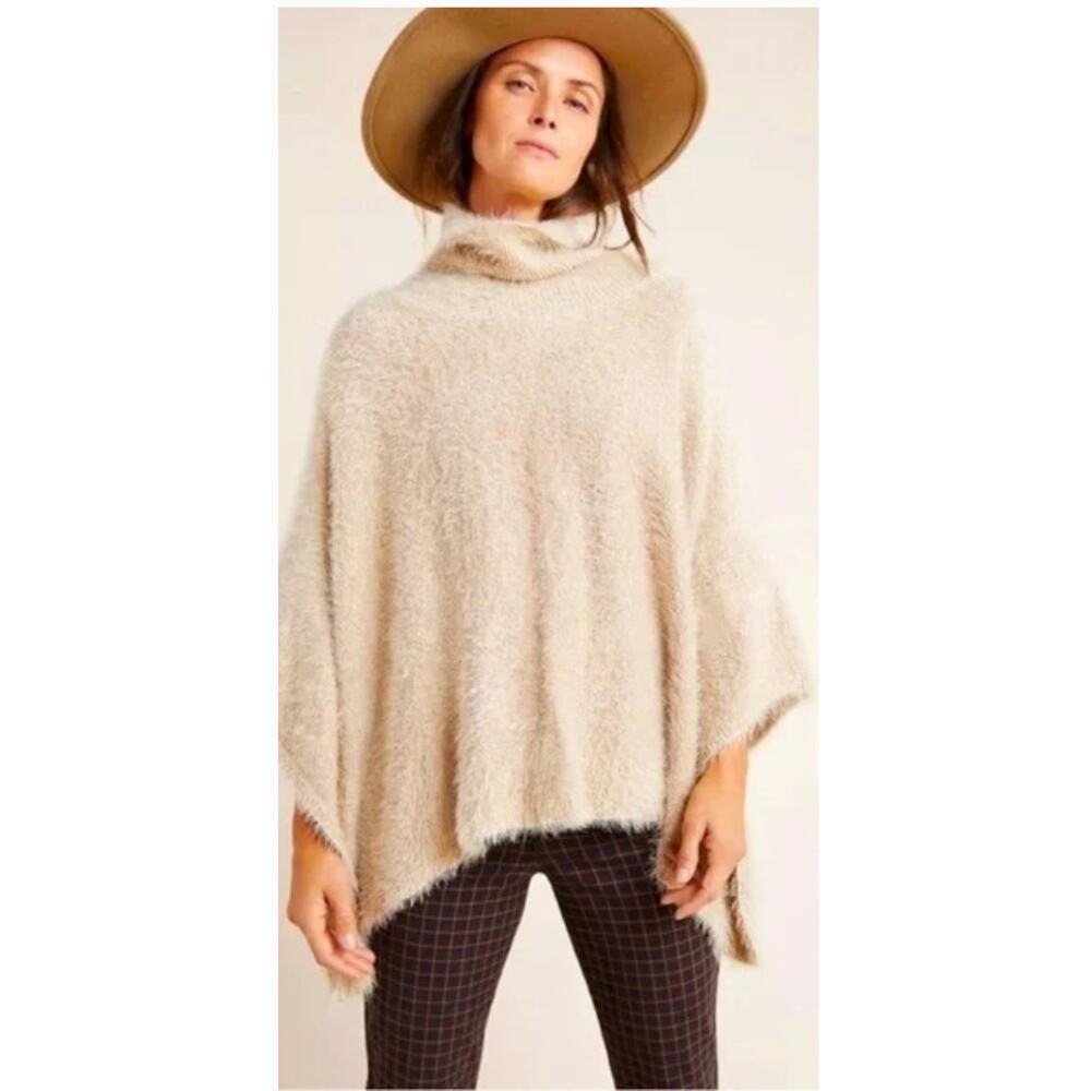Anthropologie Cream Fuzzy Turtleneck Poncho